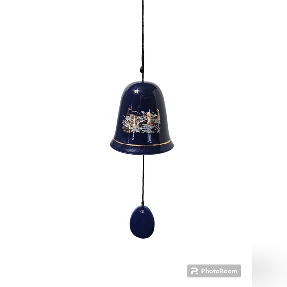 Cobalt Blue Oriental Peacock Design Ceramic 4" Tall Bell Wind Chime - Picture 2 of 11
